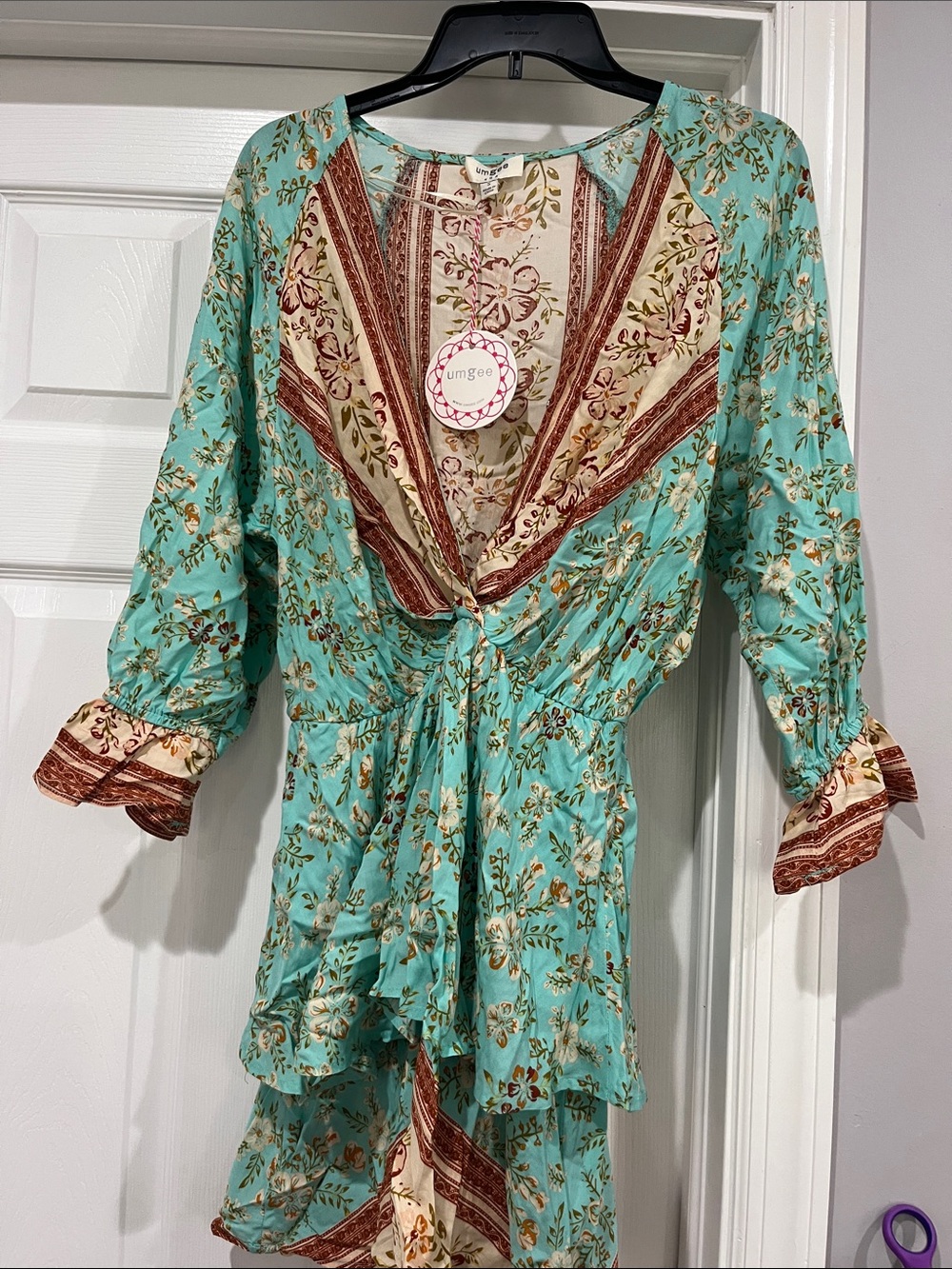 Umgee Aqua Floral Boho Wrap Dress with Cream & Rust Accents